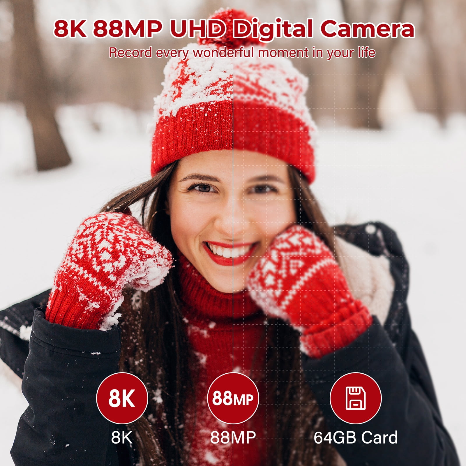 Digital Cameras for Photography 8K WiFi 88MP 18X Zoom Autofocus Vlogging Camera with 3" 180° Flip Screen, 64GB Card