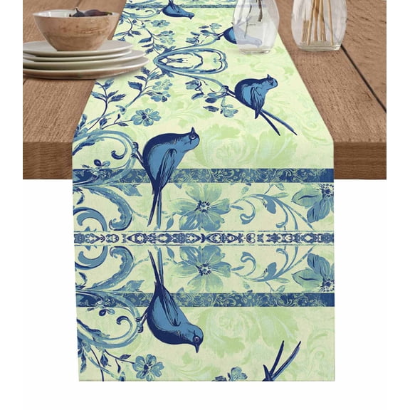 Blue Vintage Bird Table Runner 48 Inches, Retro Sage Green Summer Botanical Bed Runner Dresser Scarves Tabletop for Indoor Outdoor Parties/Ceremony/Banquet, 13" x 48"