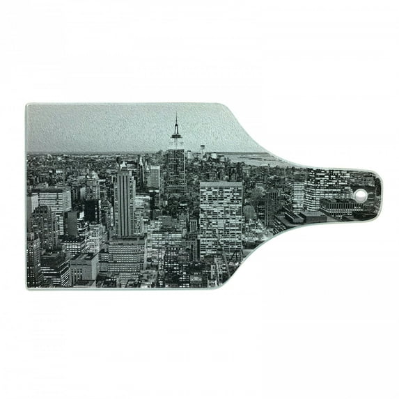 New York Cutting Board, Panorama of Manhattan High Buildings of City Famous Monument USA Black and White Photo, Tempered Glass Cutting and Serving Board, Wine Bottle Shape, Grey, by Ambesonne