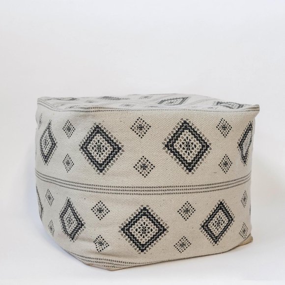 Ensemble de 2 Tabourets Pouf Motif Géométrique Ivoire avec Noir et Gris