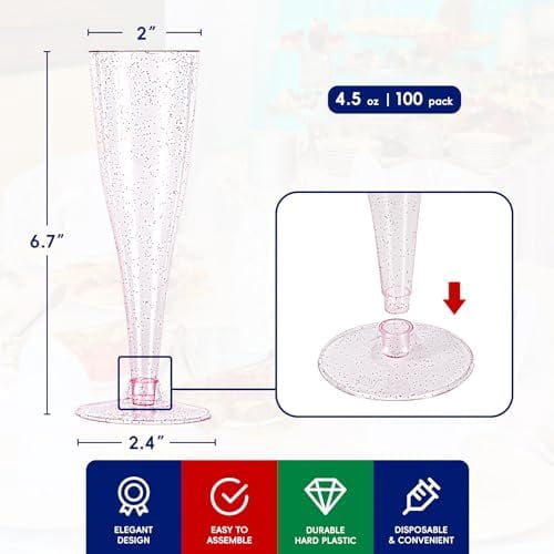 100 Pack Plastic Champagne Flutes Disposable 4.5 oz Purple Glitter Plastic Champagne Glasses Suitable for Wedding, Thanksgiving Day, Christmas