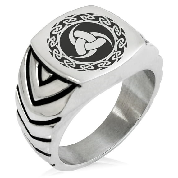 Stainless Steel Triskelion Triple Horn of Odin Viking Chevron Pattern Biker Style Polished Ring