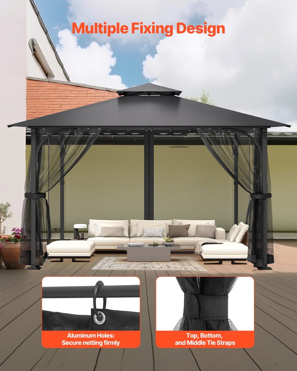 VEVOR Gazebo Netting Replacement, Fit Most 10 x 10 x 6.5 FT Gazebo Curtain, Outdoor Garden Net, 4-Panel Sidewall Mesh Net, Patio Midge Netting with Double Zipper, Canopy Screen (Netting Only)