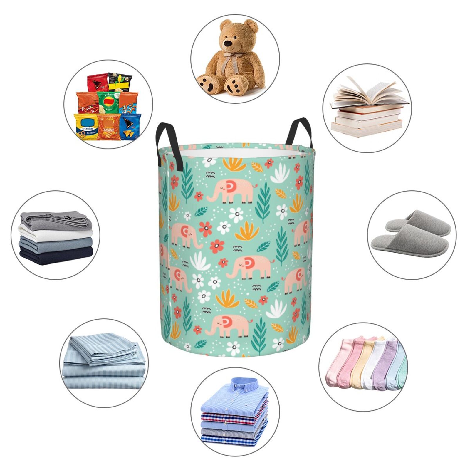 Large Laundry Basket with Handles - Elephant and Flowers Kids Baby Dirty Clothes Laundry Hamper for Bedroom Aesthetic