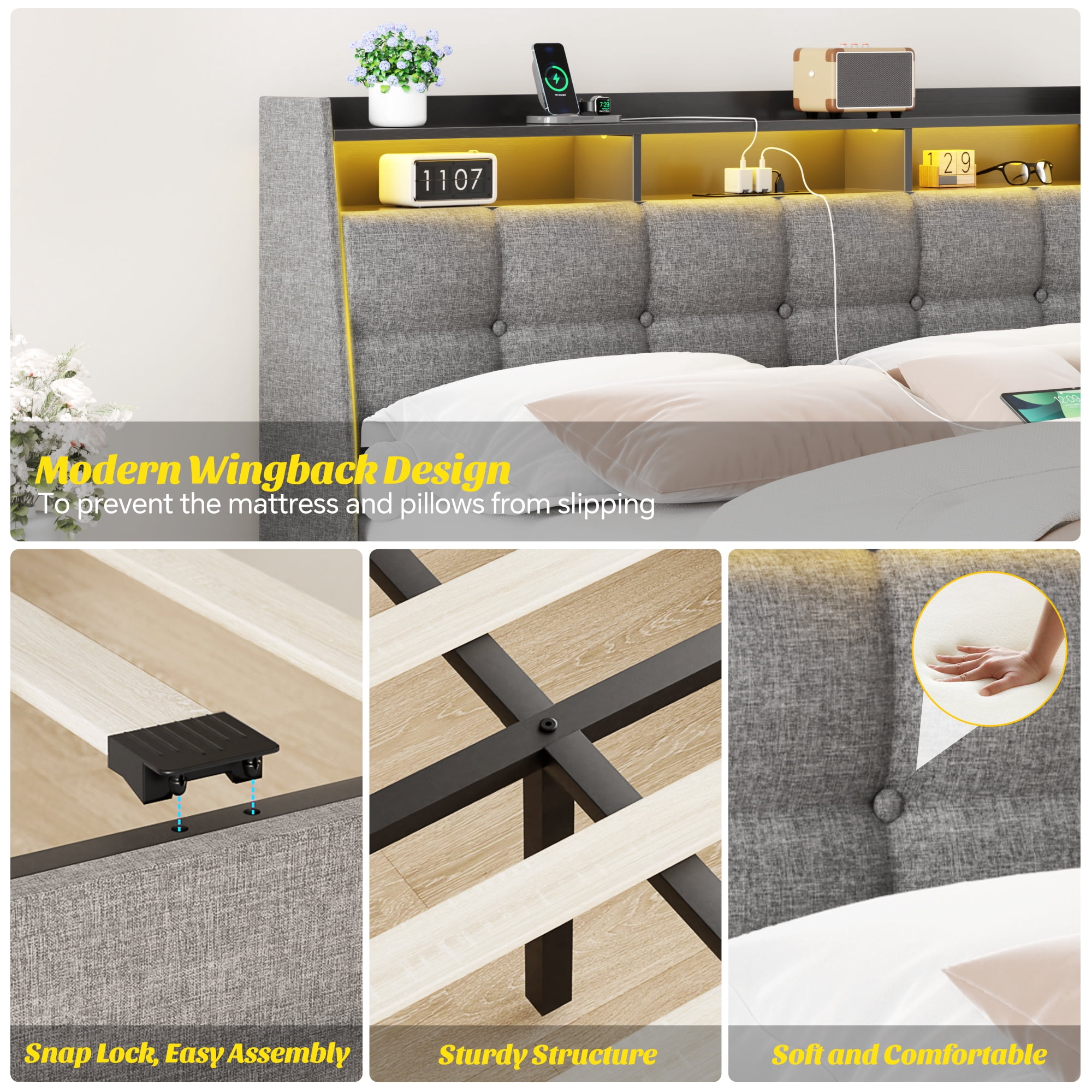 Homieasy Full Size Bed Frame with Drawers Charging Station LED Light, Upholstered Twin Bed Frame with Storage Headboard, Heavy Duty Wood Slats, No Box Spring Needed, Noise Free,Gray