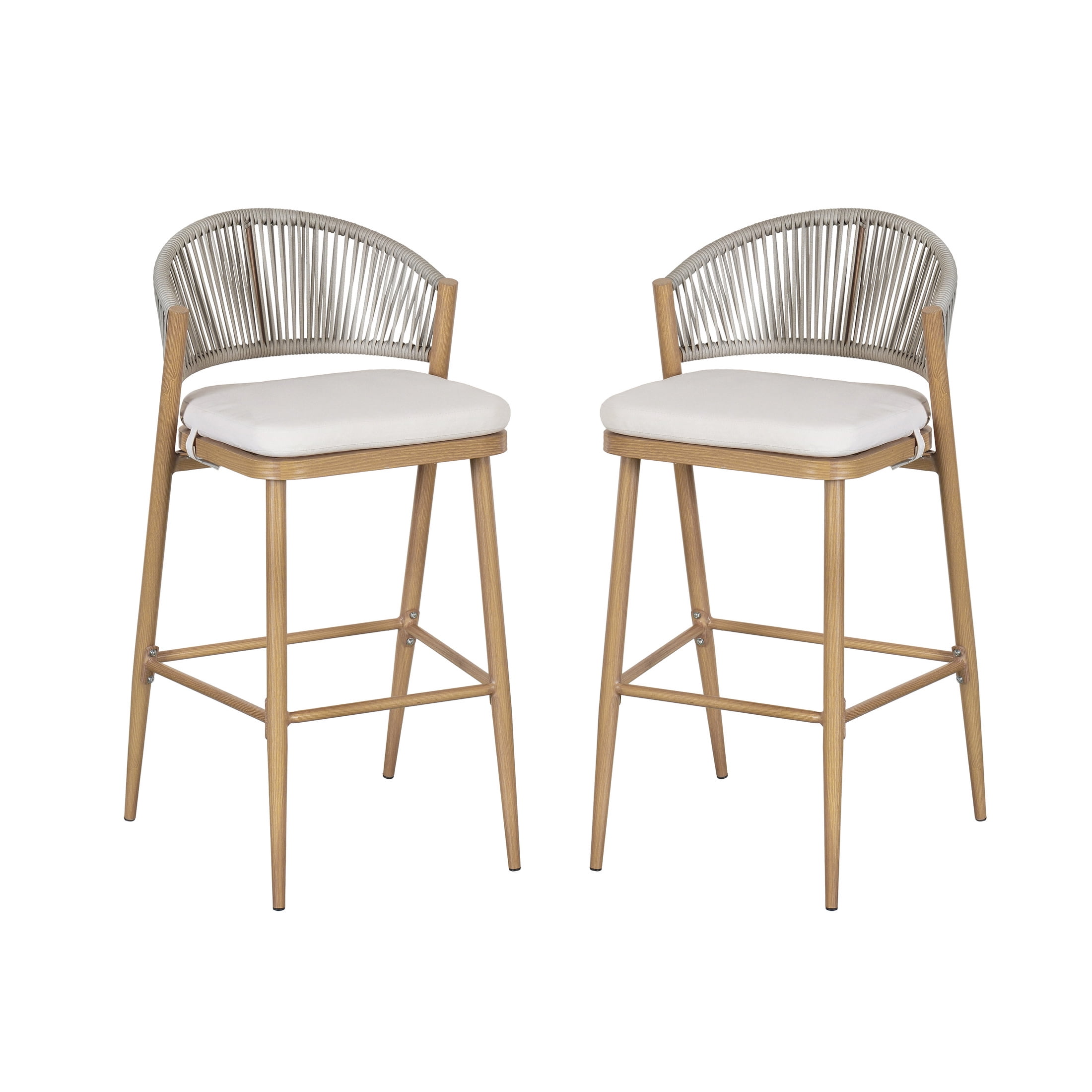 Amara Modern Outdoor Patio Barstools, Aluminum Frame, Scallop-Shaped Backrest, Maple, Set of 2