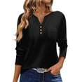 thumbnail image 2 of Tshirts Women Trendy Women's T Shirt Tee Button Long Sleeve Daily Weekend Fashion Basic V- Neck Regular Top With Pocket, 2 of 6