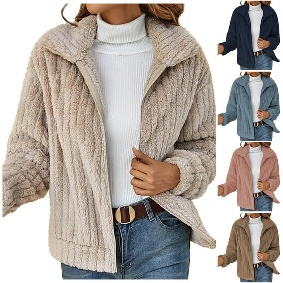 BiZtdJrK Jackets for Women Winter Warm Fluffy Fleece Jacket Casual Full Zip Long Sleeve Lapel Outerwear Solid Color Sherpa Coat Sales Today Brown XXL