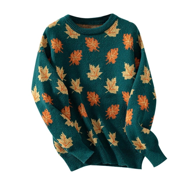 UJNDER Mode Automne Hiver Motif Feuille d'Érable Col Rond Manches Longues Chandail Décontracté Tricoté Vert Foncé L