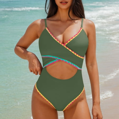 Tawop Swimsuits for Women 2025 Woman Swimwear One Piece Bikini Tie Solid Color Clearance Swimsuits Army Green M