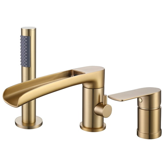 Luxury 360 Degree Rotatable Roman Tub with Hand Shower Trim, Brushed Gold, Deck Mounted Waterfall Bathtub Faucet, Brushed Gold(with cUPC Certificated)