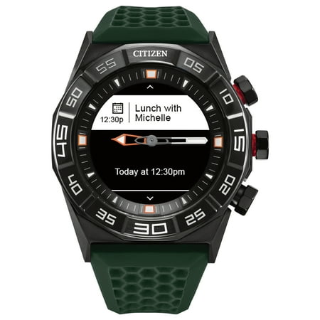 Citizen - CZ Smart 44mm Black IP Stainless Steel Case Hybrid Heart Rate Smartwatch with Silicone Strap - Green