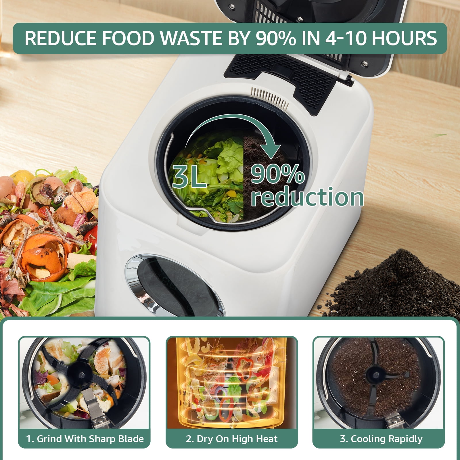 1 Gallon Electric Composter for Kitchen Smart Countertop Compost Bin Turn Food Waste into Fertilizer with Large Touch Screen Low Noise Auto-Cleaning