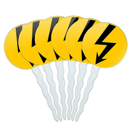 High Voltage Set - High Voltage Symbol Black on Yellow Cupcake Picks Toppers - Set of 6