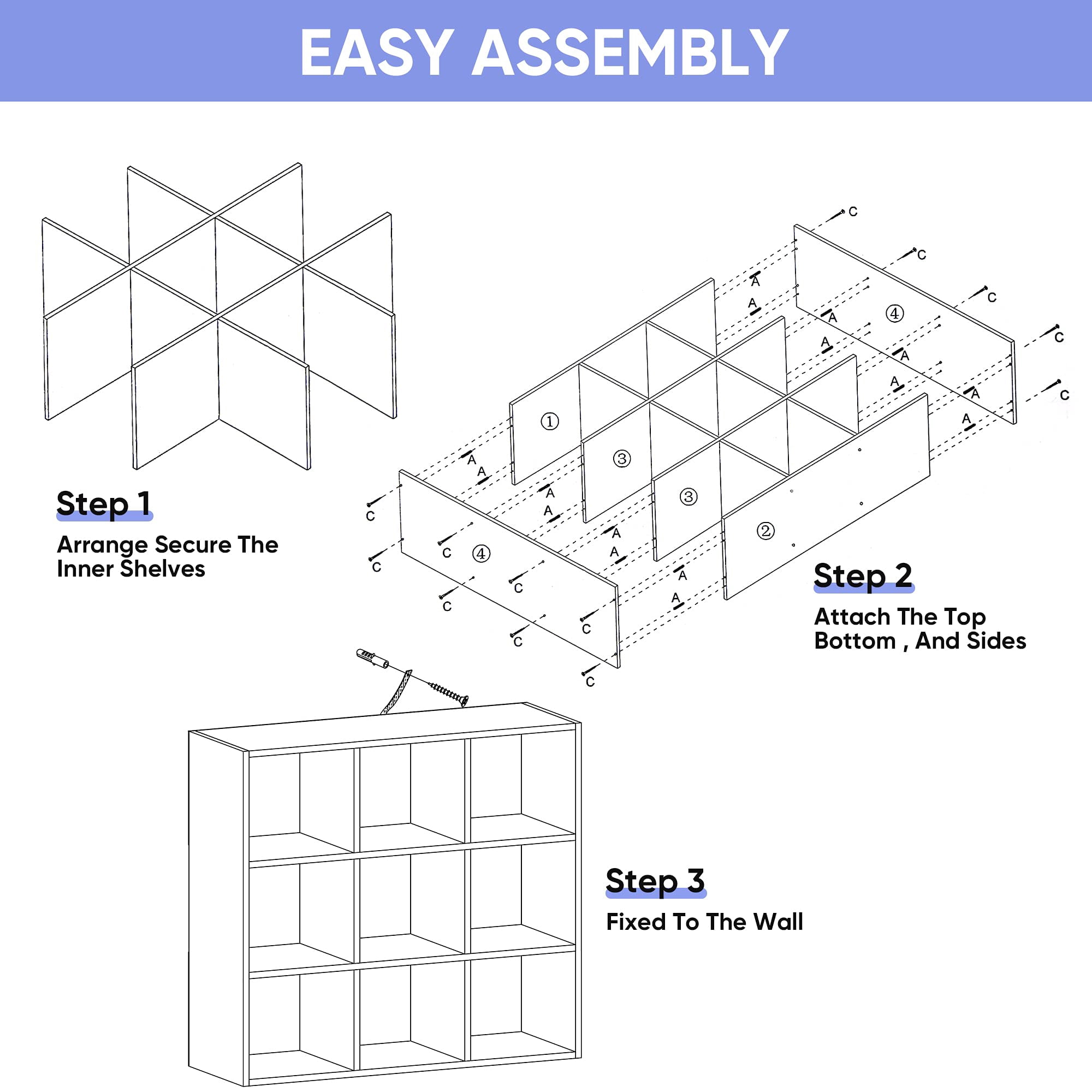 3 Tier 9 Cube Modular Bookshelf, Wood Storage Rack with 5 Detachable Back Panels for Organizing Home Office Living Room Items, Dark Brown