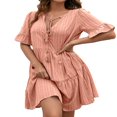 thumbnail image 1 of Women Short Sleeve Loose Dress with A-line Version  Simple Style Solid Color V-neck Summer Clothing, 1 of 6