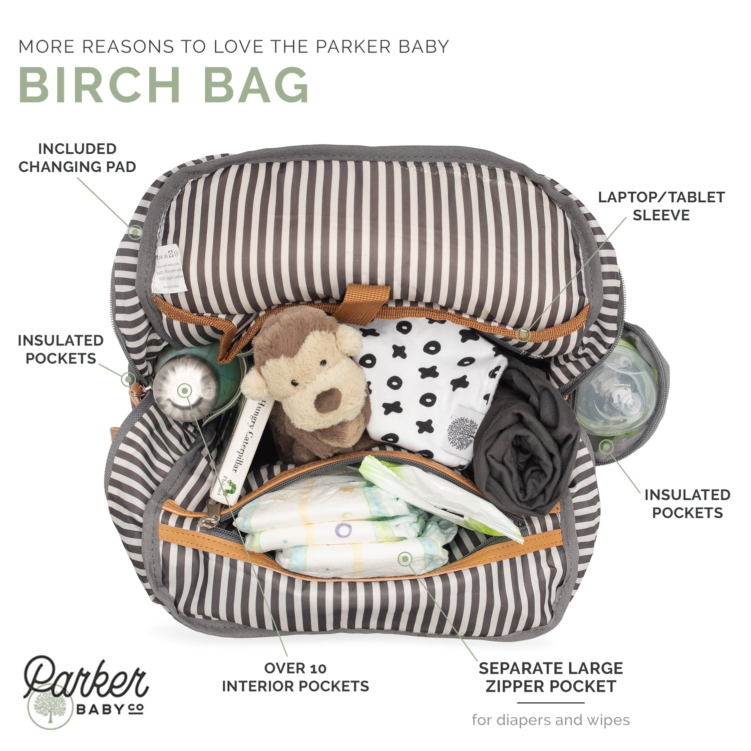 Parker Baby Co. Diaper Backpack with Changing Pad, Insulated Pockets & Stroller Straps, Black