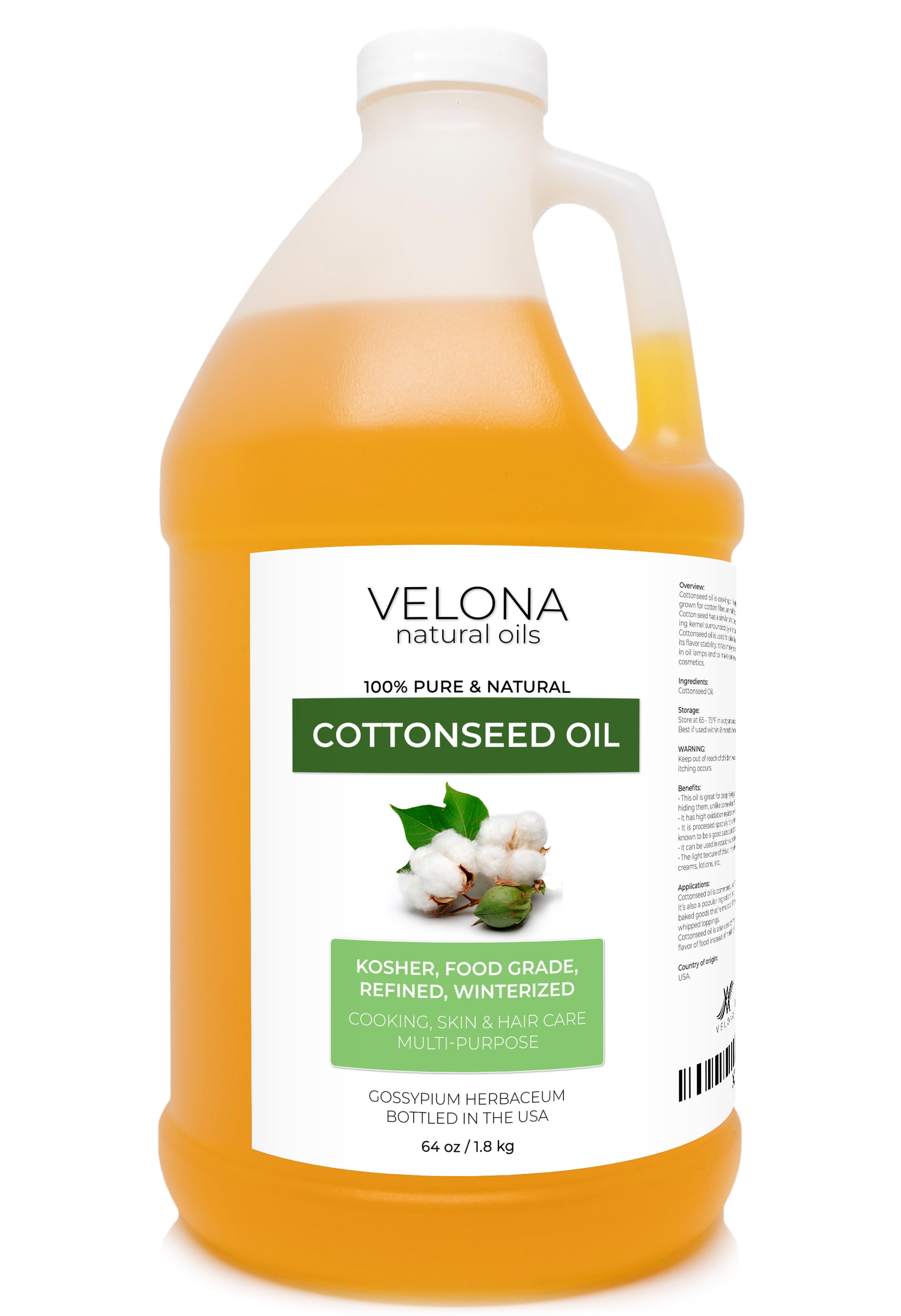 Velona Cottonseed Oil 64 oz 100 Pure and Natural Carrier Oil Refined, Cold pressed