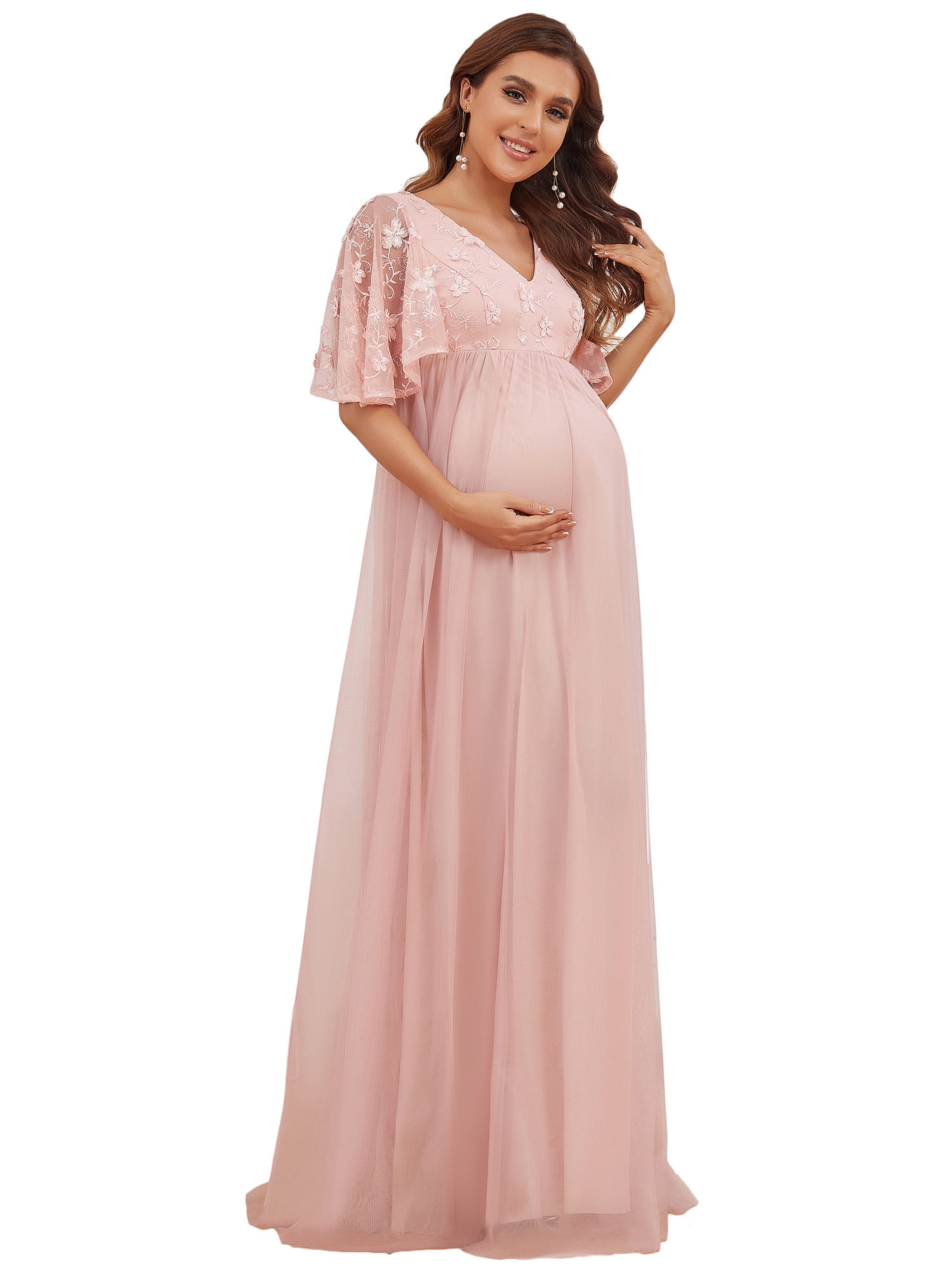 Ever-Pretty Women's Long Sleeve Lace Wrapped Ruched Maxi Chiffon Maternity Party Dress 7412-YF