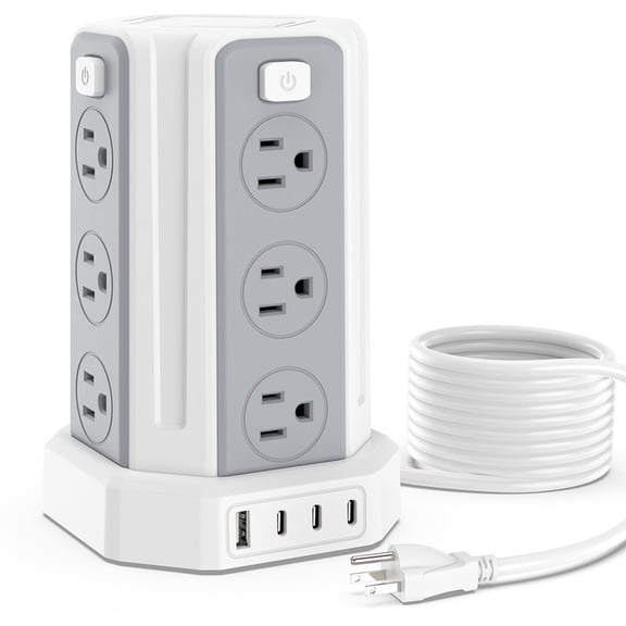 Surge Protector Power Strip Tower with 12 Outlets 4 USB Ports, 10ft Cord Electric Charging Station, White