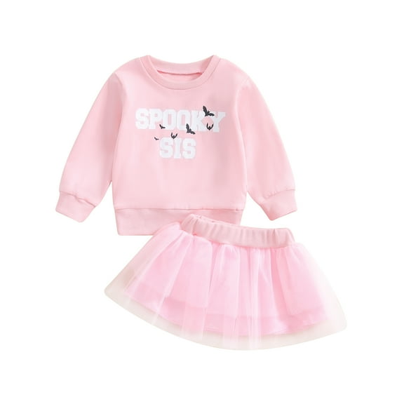 Musuos Toddler Girls 2Pcs Halloween Outfits 3M-3T Long Sleeve Bat Letter Print Sweatshirt Tulle Skirt Set Baby Clothes