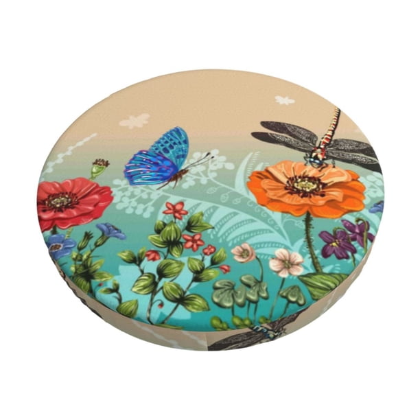 Disketp Colorful Plants And Insects Funda Redonda para Taburete, Funda de Cojín para Silla de Bar Suave y Elástica-12 inch