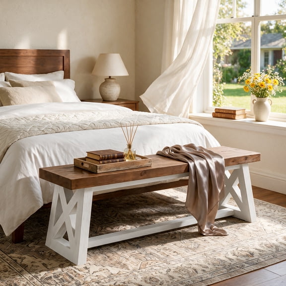 Finmind 55 in. Solid Wood End of Bed Bench with White X-Frame Legs, Rustic Farmhouse Bedroom Accent Bench for Queen King Beds