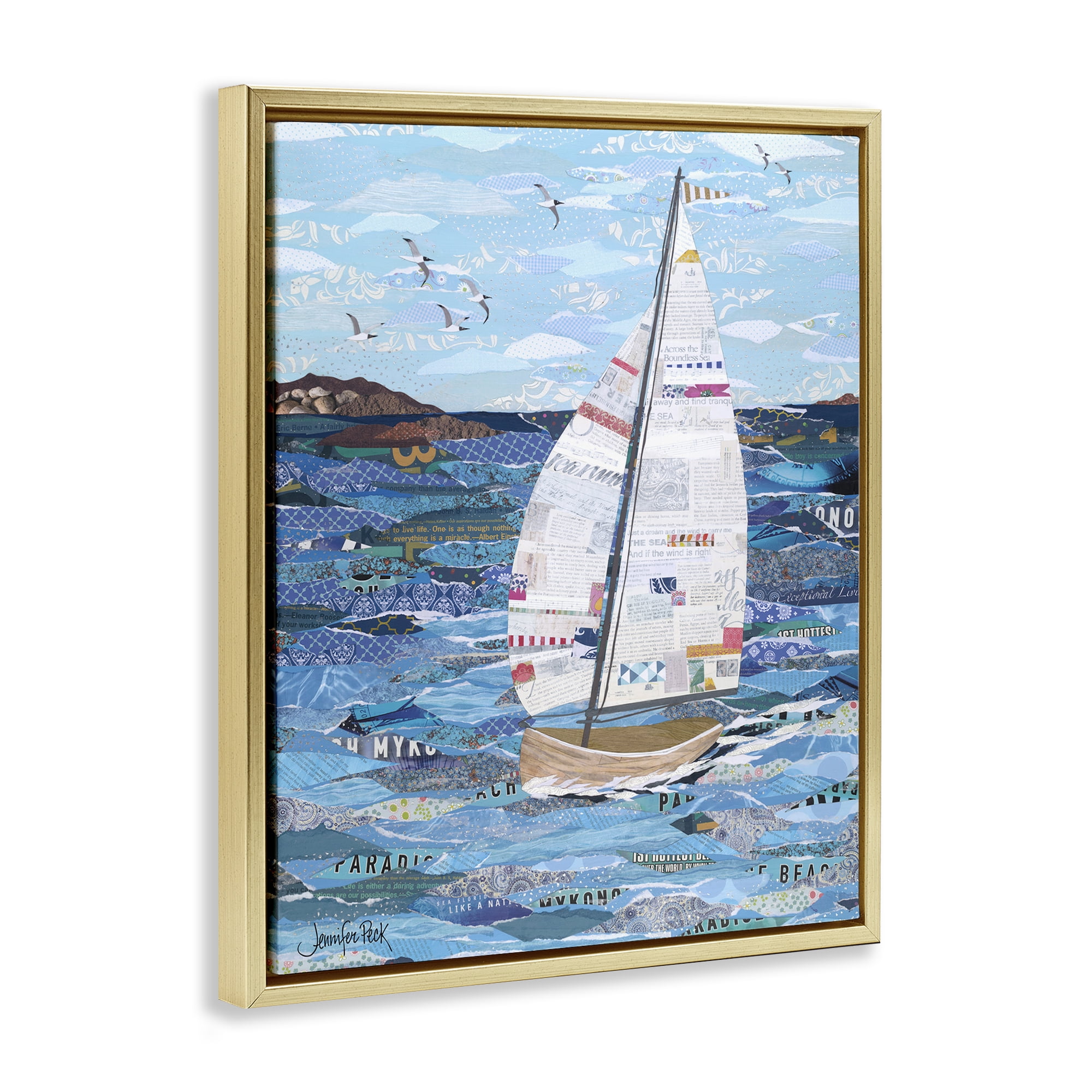 Stupell Industries Collaged Sailboat Scene Transportation Painting Gold Floater Framed Canvas Art Print Wall Art, 25 x 31