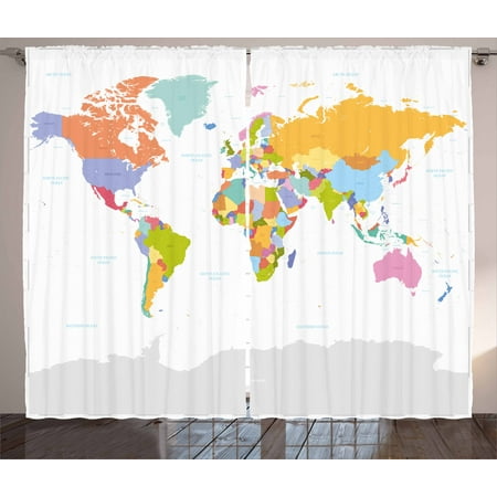 Colorful Bedroom Curtains Map Curtains 2 Panels Set, Highly Detailed Political Map of the World Global Positioning System Graphic Colorful, Window Drapes for Living Room Bedroom, 108W X 63L Inches, Multicolor, by Ambesonne ()