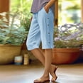 thumbnail image 2 of Lenpel Bermuda Shorts for Women Summer Casual Elastic High Waisted Side Button Cotton Linen Shorts Knee Length Shorts, 2 of 7