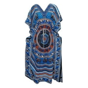 Mogul Womans Kaftan Dancing Elephants Print Crepe blue Beach Coverup Caftan Dress