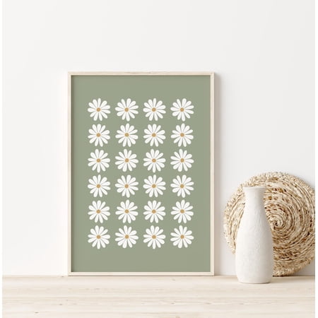 Sage Green Daisy Print, Boho Nursery Wall Art, Unframed Paper Poster 8x10in