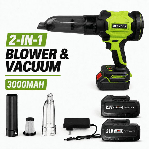 SEEVOLX 2-in-1 Cordless Leaf Blower & Vacuum with 2x21V Batteries and Charger, Lightweight Electric Handheld Blower Vacuum for Yard, Car& Home, Blue