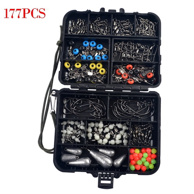 177 Pieces Fishing Accessories Kit with Tackle Box, Fishing Bead, Luminous Triple Rolling Swivel, Barrel Swivel, Space Bean, Pin, Fishing Swivel, Jig Hook, Fish Sinker