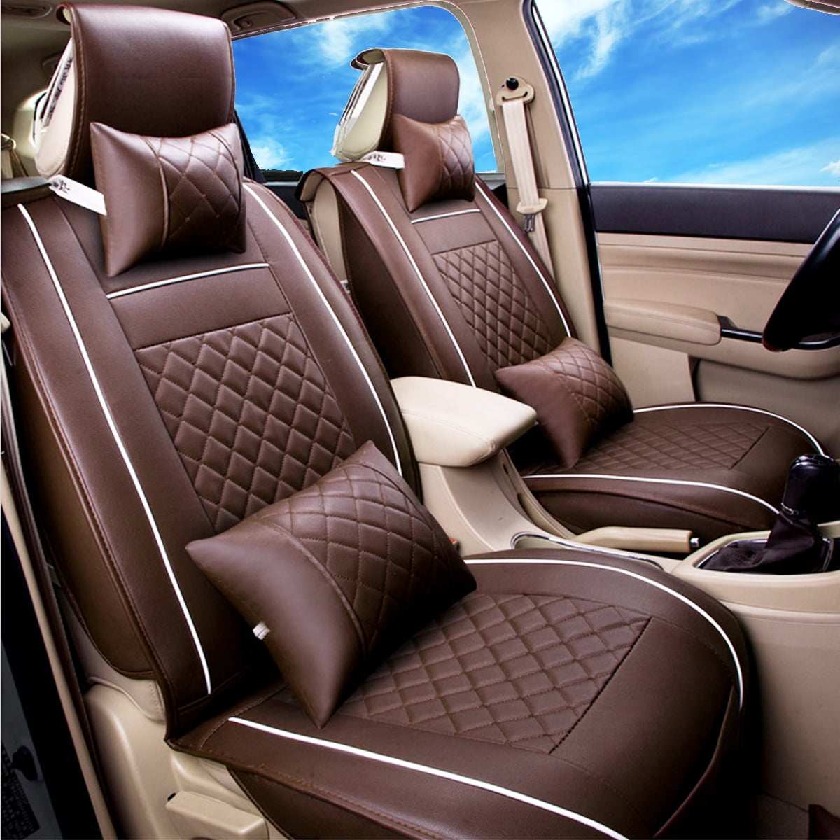 5 Seats PU Leather Auto Car Seat Cover Cushion Front Rear Neck Lumbar 