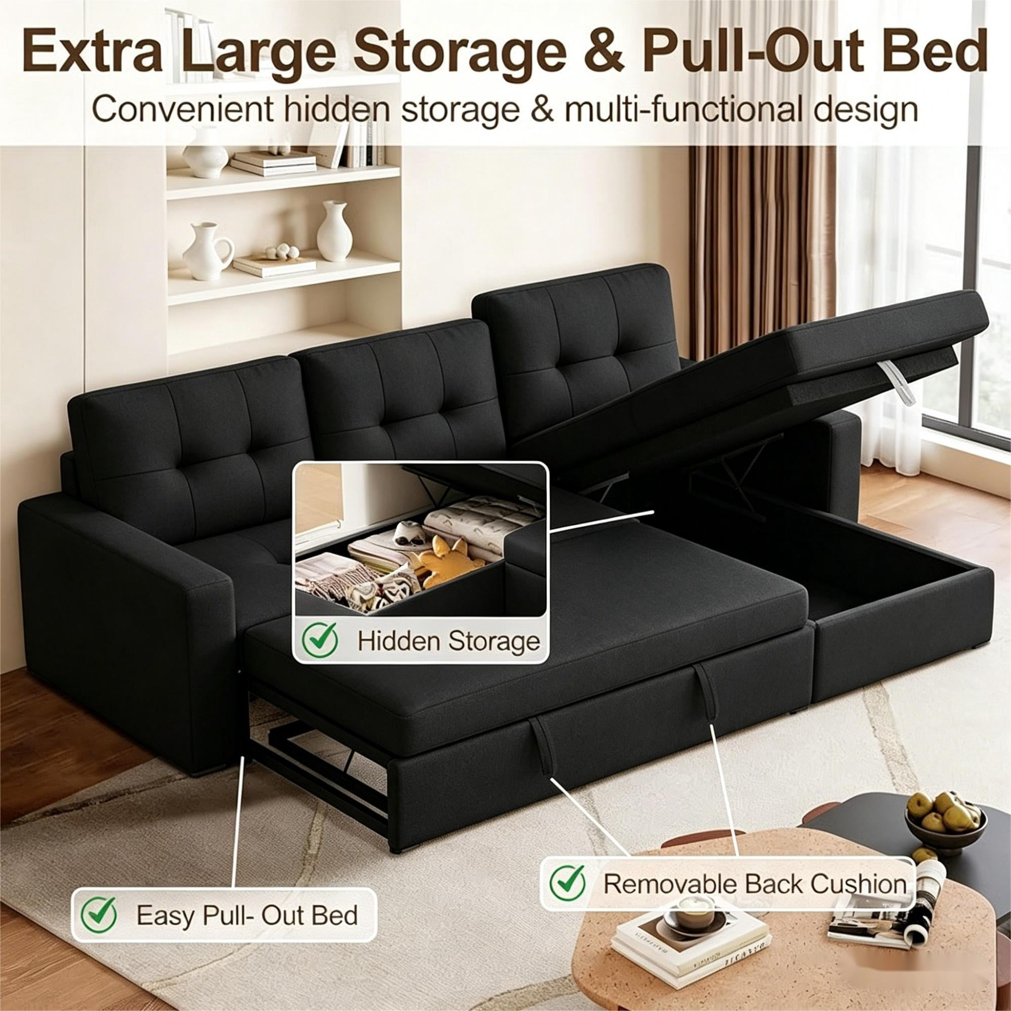 avobird 86'' Upholstered Pull-Out Sofa Bed, Sleeper Sofa with Reversible L/R, Polyester Fabric for Living Room, Black