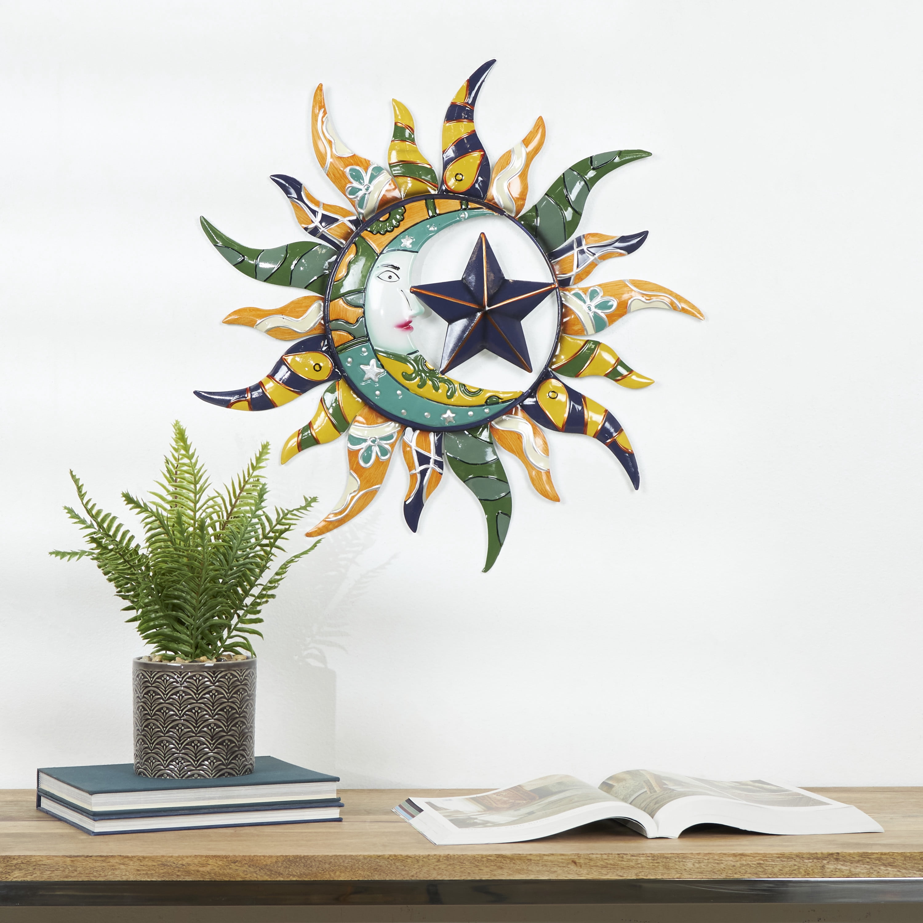 DecMode Multi Colored Metal Sun and Moon Indoor Outdoor Abstract Patterned Home Wall Decor with Yellow and Blue Accents, 25" x 1" x 25"