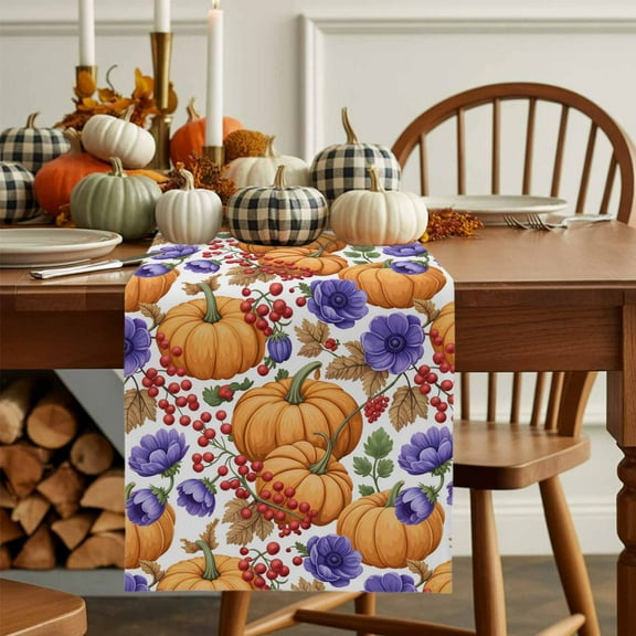Autumn Pumpkin Purple Flower Table Runner Dresser Scarf,Kitchen Dining Table Decoration Thanksgiving Floral Leaves Linen Table Runners for Home Wedding Indoor Outdoor Party,13x70in
