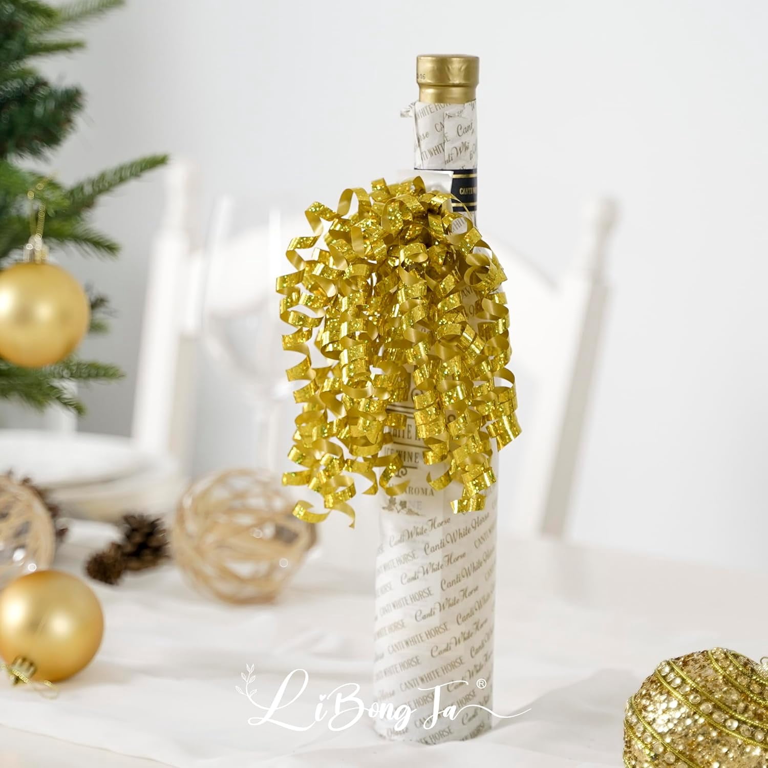12 PCs Gold Bows for Gift Wrapping 5 Inch Self Adhesive Curly Ribbon Bow for Party Favor, Gift Wrap Accessory, Metallic Christmas Bows, Premade Bows for Presents, Wine Bottles, Baskets