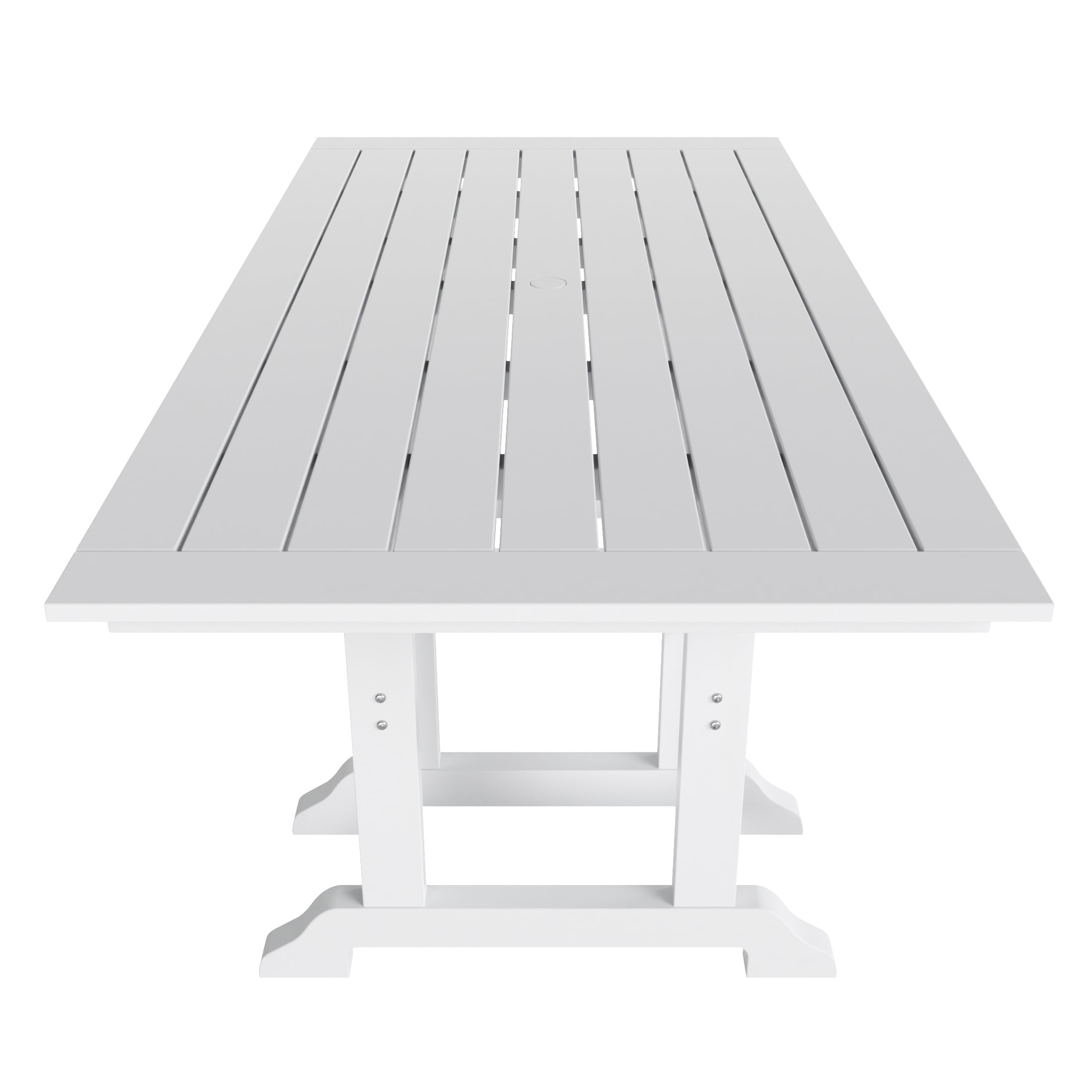 WestinTrends Ashore 6 Pieces Adirondack Patio Dining Set with Bench, All Weather Poly Lumber Slatted Outdoor Furniture Set, 71" Trestle Table and 4 Adirondack Chair and Outdoor Bench, White