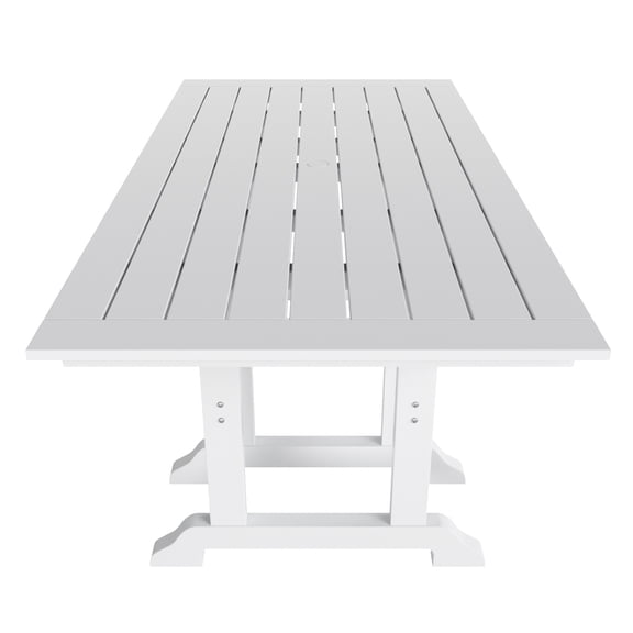 WestinTrends Malibu Outdoor Dining Table for 6, All Weather Poly Lumber Adirondack 71" Trestle Long Dining Table with Umbrella Hole, White