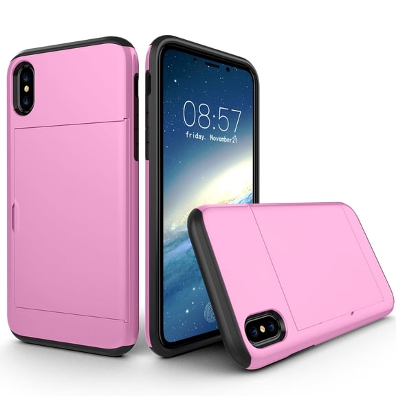 Allytech Case for iPhone XS Case Hybrid iPhone X Wallet Case Dual Layer Protective Shell Hard PC Soft TPU Bumper Credit Cards Slot Cover for 2018 Apple iPhone X/ XS 5.8"- Pink
