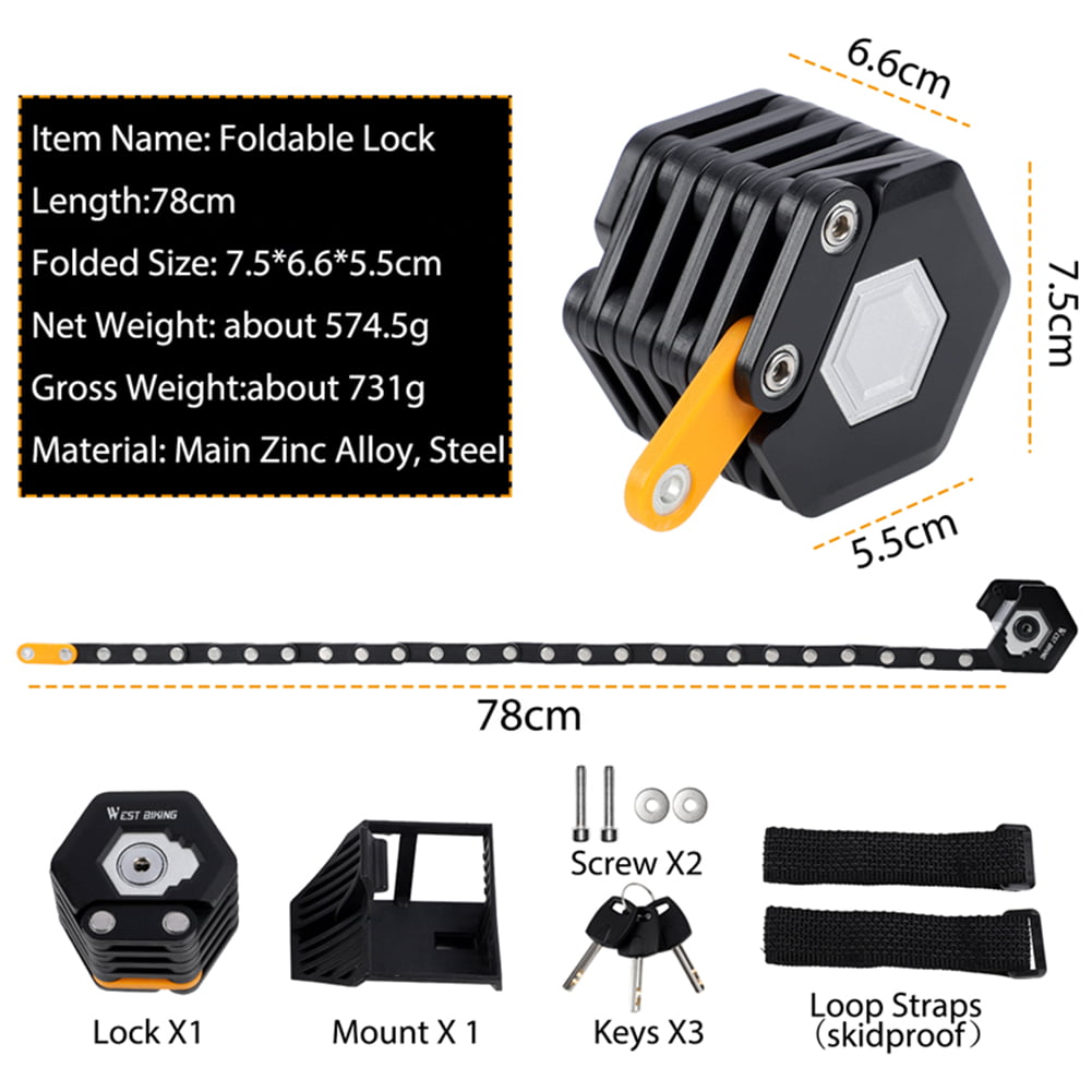 Details about   WEST BIKING Foldable Bicycle Lock Anti-Theft Security Moped Lock with 3 Key A#S 