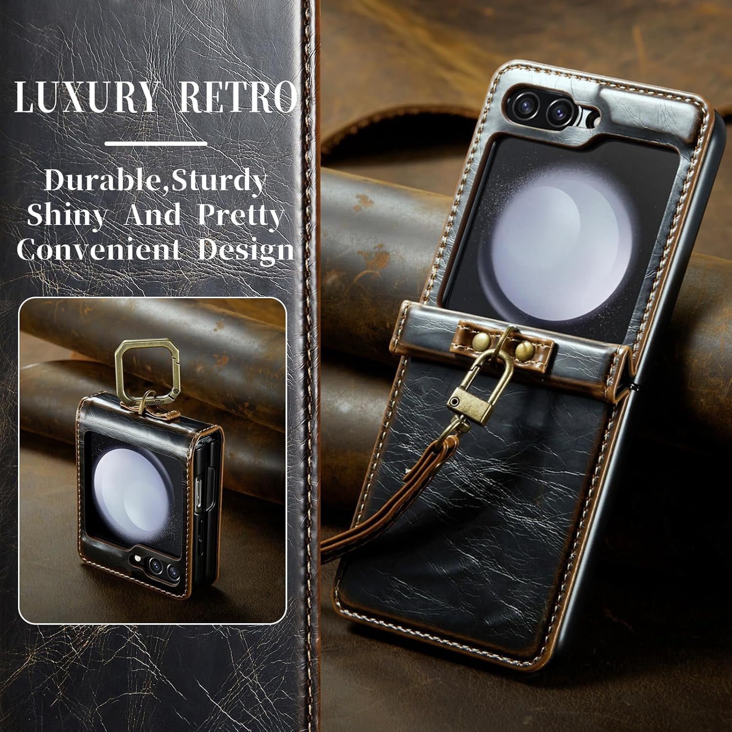 Phone Case for Samsung Galaxy Z Flip 5 5G 2023 with Lanyard Wrist Strap Thin Slim PU Leather Shockproof Hard Shell Protective Cell Cover ZFlip5 Z5 G Flip5 5Z Women Girls Coffee