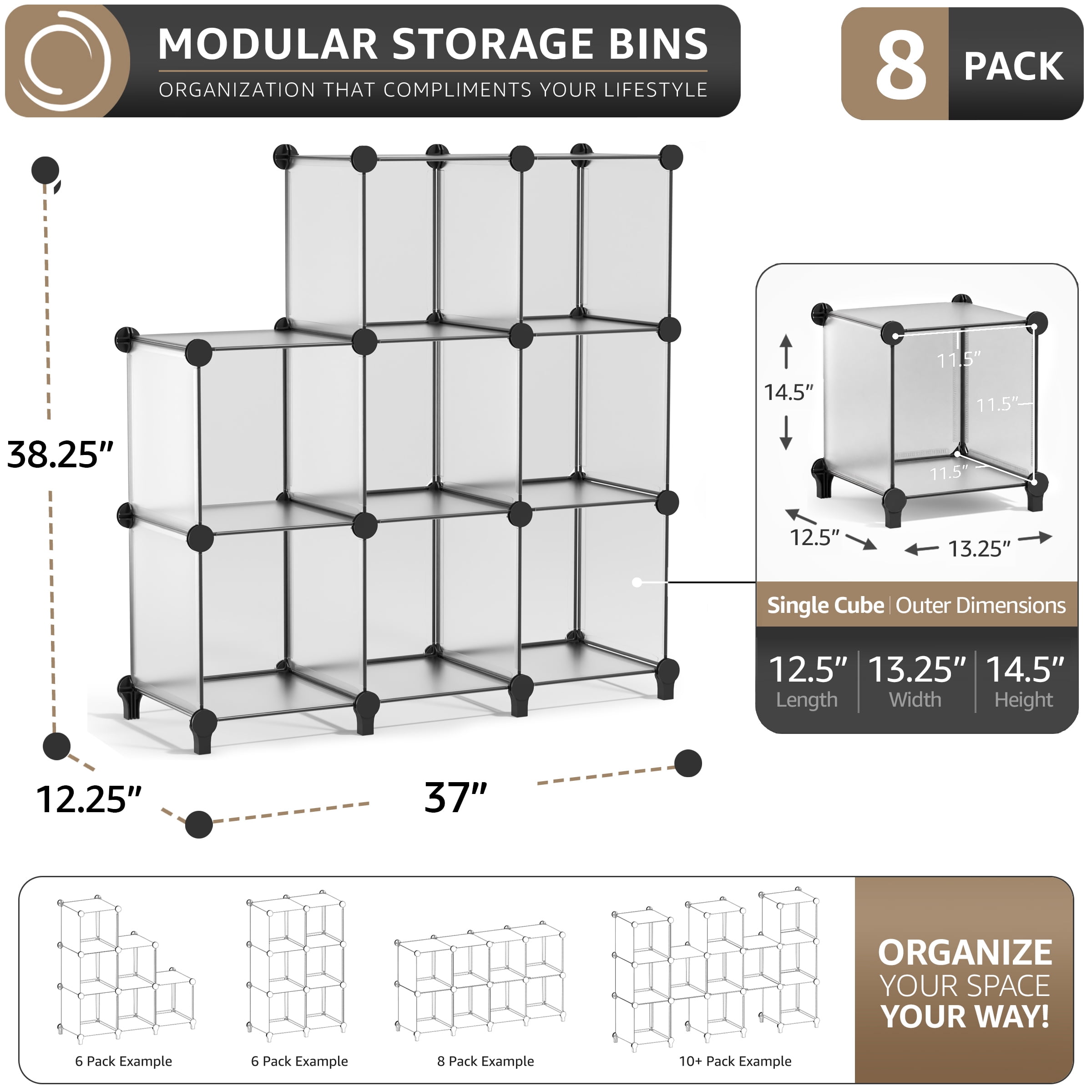 Sorbus 8-Cube Storage Organizer, Waterproof Cubby Shelf for Closet & Bedroom, Clear