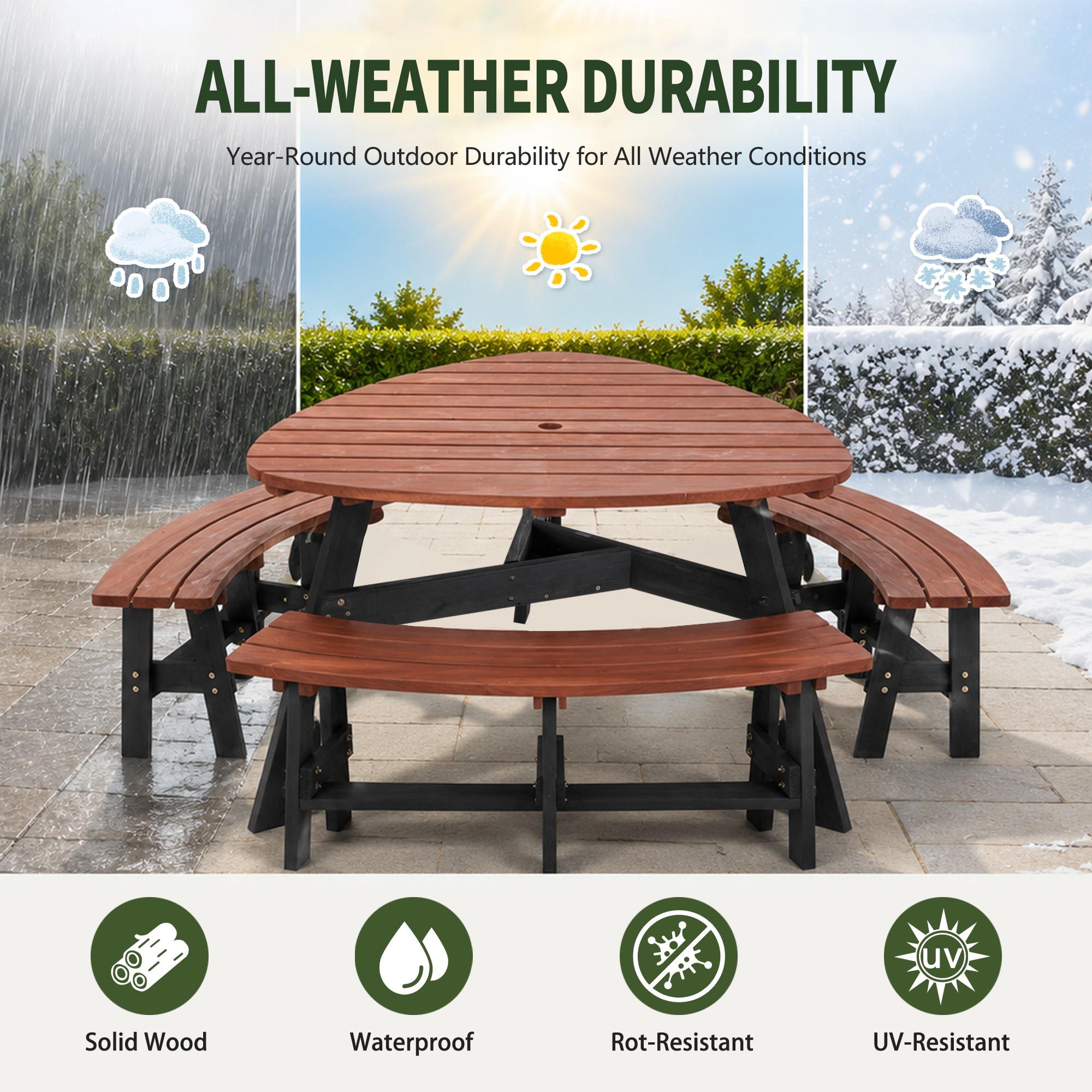 DEALTOPS 6-Person Solid Wood Triangular Picnic Table Set with 3 Benches & Umbrella Hole, Brown & Black