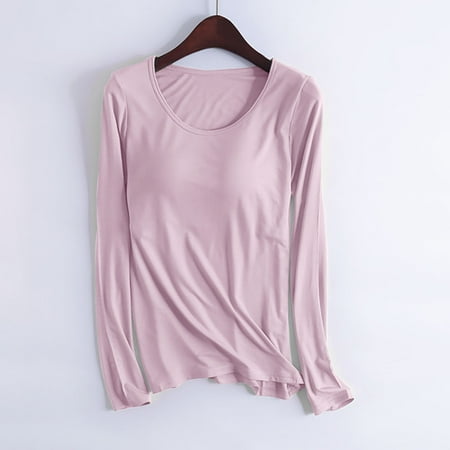 Socisucc Leather Lingerie for Women Women s Color Household Clothes With Chest Pads T-shirt Long Sleeved Pajama Comfortable Base For External Wear Round Neck