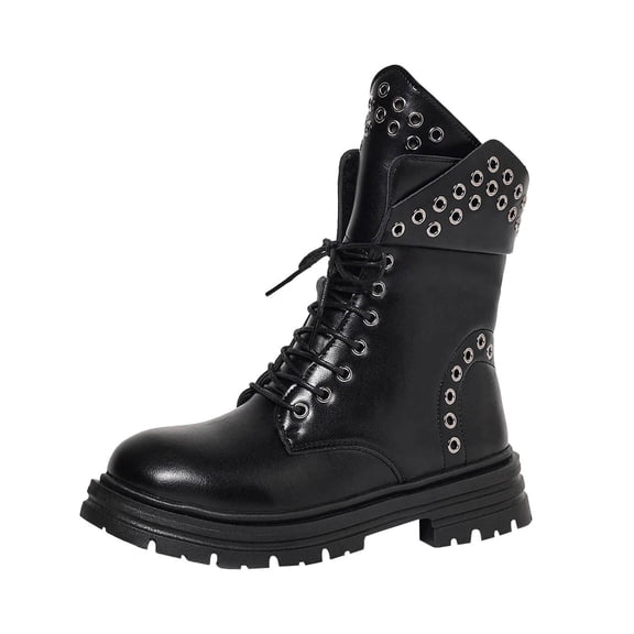 DeHolifer Women Ankle Boots Lace Up Round Toe Comfotable Lug Sole Party Casual Motorcycle Booties