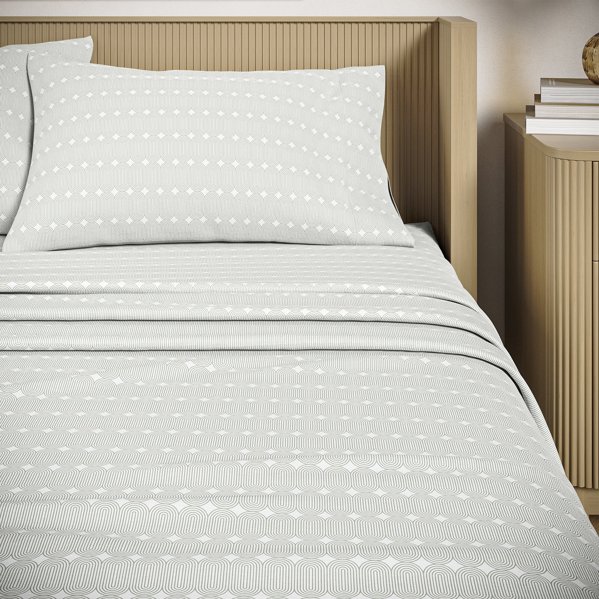 Beautiful Bedding Collection by Drew Barrymore Twin 3-Piece Sheet Set, Sage Green Geometric, 100% Cotton Percale