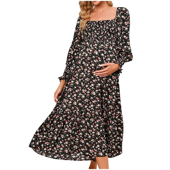 Lolmot Womens Pregnant Casual Sexy Fashion Small Floral Printing Chiffon Square Collar Long Sleeve Long Dress